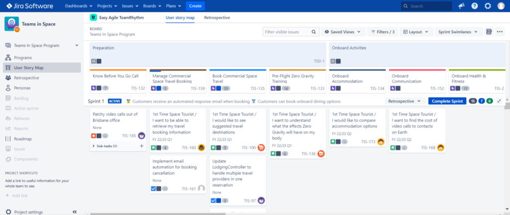 The user story map interface of TeamRhythm by Easy Agile add-on for Jira