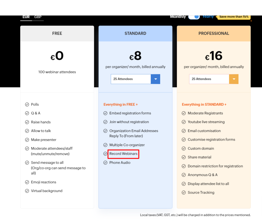 The pricing plans of Zoho Webinars and identifying the feature that acts as a USP for upgrading to a higher plan