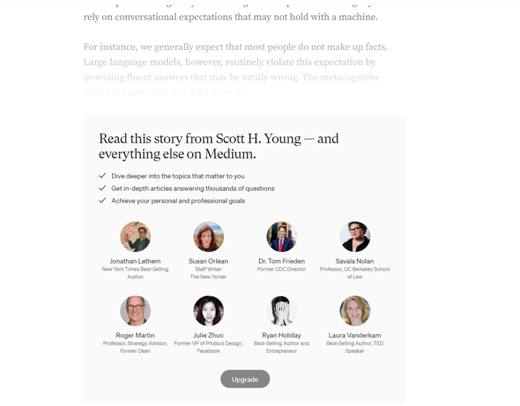 An article on Medium with a message hiding part of the content and prompting you to upgrade to their paid version.