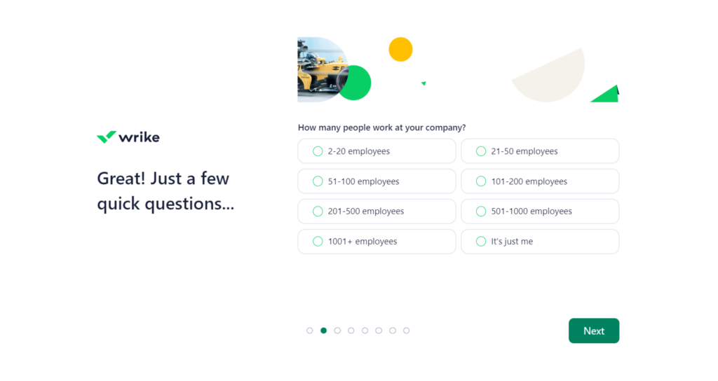 Wrike`s onboarding question on how many people there are in your company