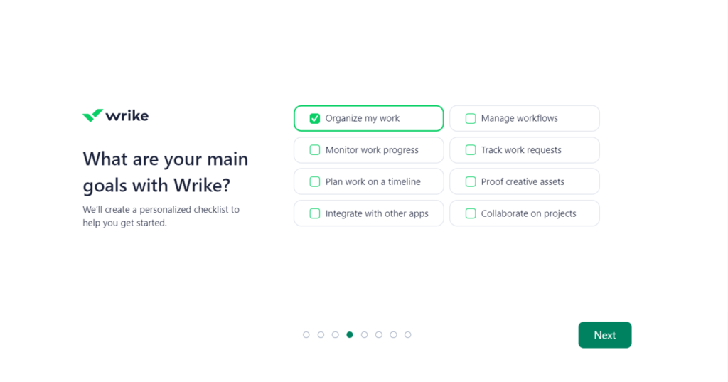 Wrike`s onboarding question on what are your main goals with Wrike