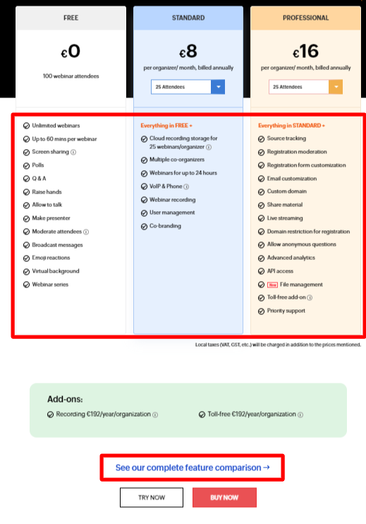 An overview of the features of each pricing tier of Zoho Webinar