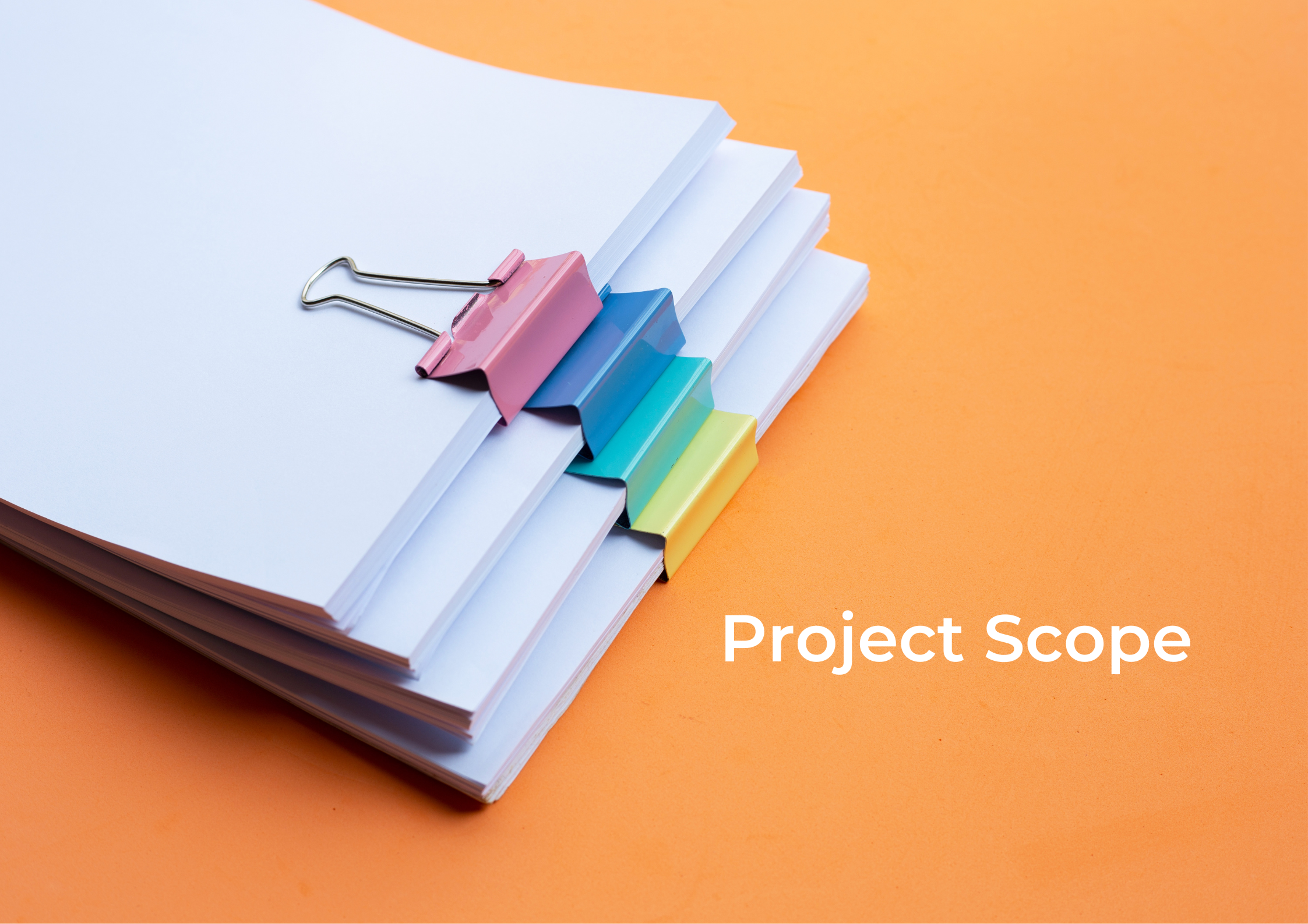 Documents on an orange background featuring project scope statement