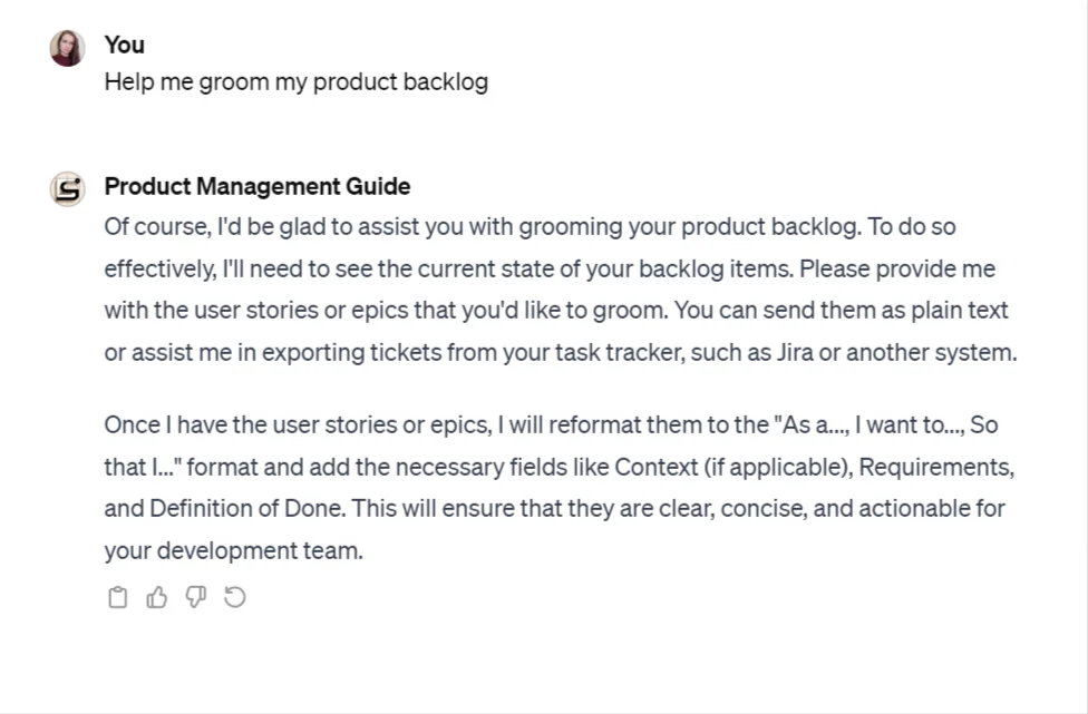 Exemplary conversation on a Custom GPT for product management