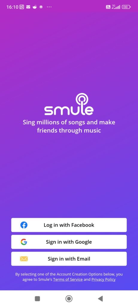 The Smule app sign up screen