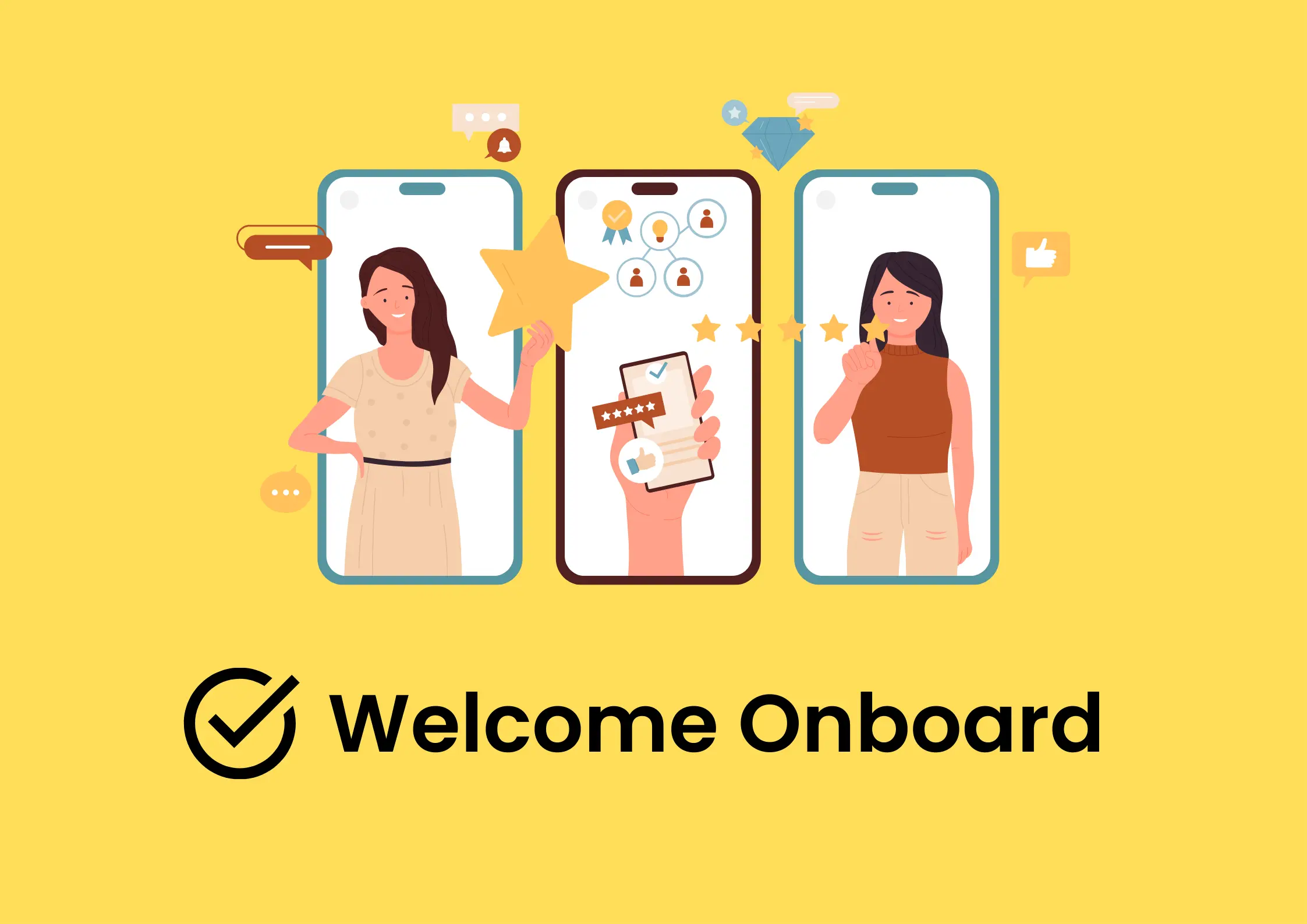 Welcome Onboard graphic with three smartphones displaying a woman holding a star, a hand holding a phone with a five-star review, and a woman giving a thumbs-up