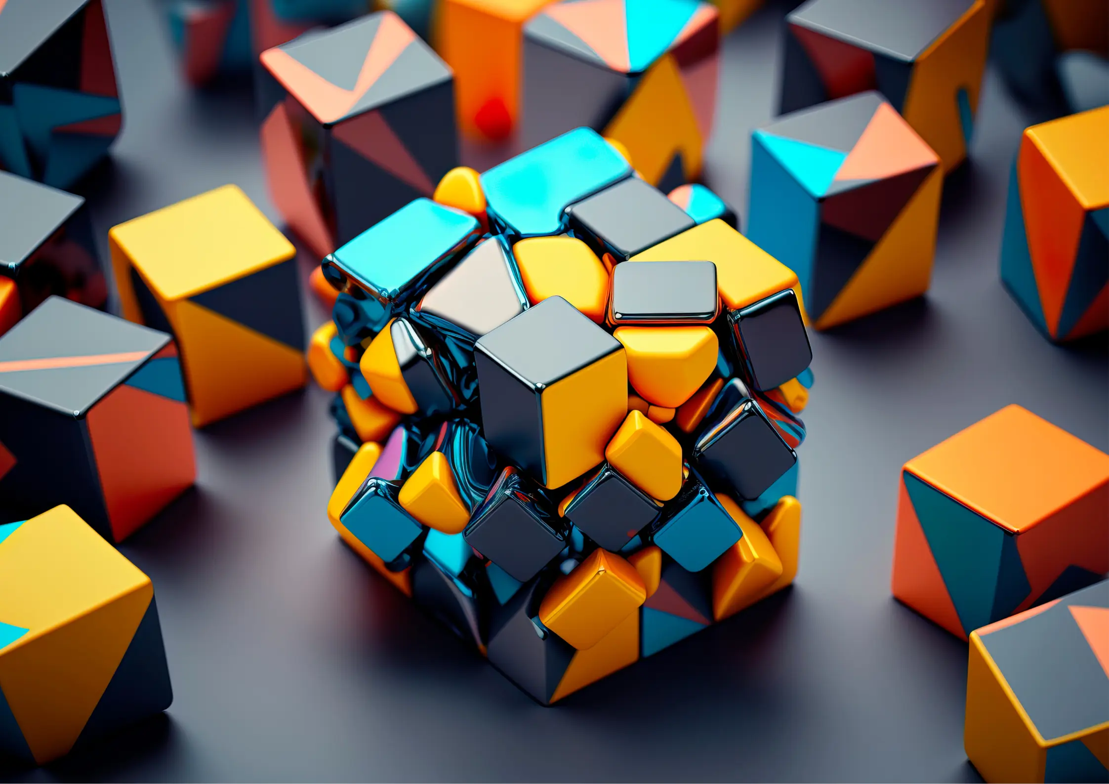 An array of metallic, Rubik's Cube-like puzzles on a surface, symbolizing the concept of transferring innovation and problem-solving strategies across different industries for product development.